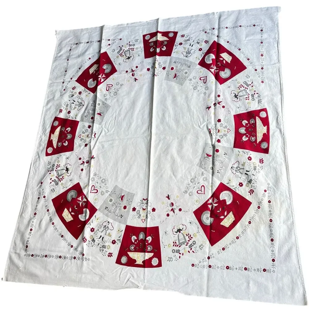 Red & white cotton tablecloth Pennsylvania Dutch motif mid century minor FLAWS